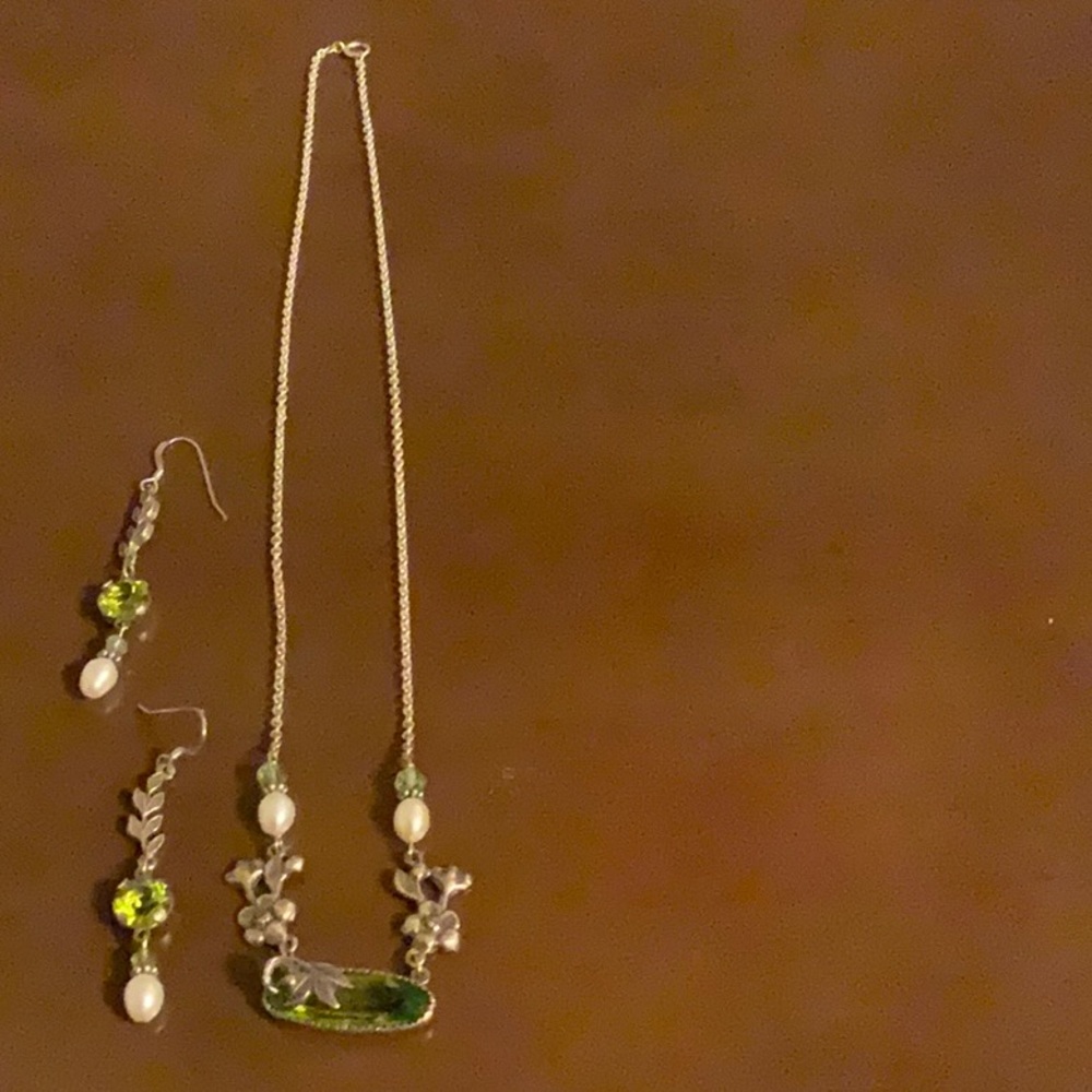 Green silver floral necklace and earrings (3 items for $15)